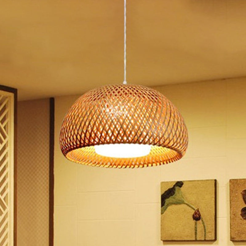 Double-Decker Dome Shade Hanging Pendant Rustic Bamboo 1 Light Hanging Lamp for Farmhouse Restaurant