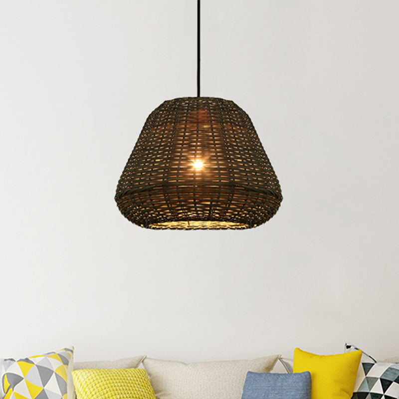 Hand Made Rattan Bucket Pendant for Restaurant Rustic One Head Hanging Lamp in Brown