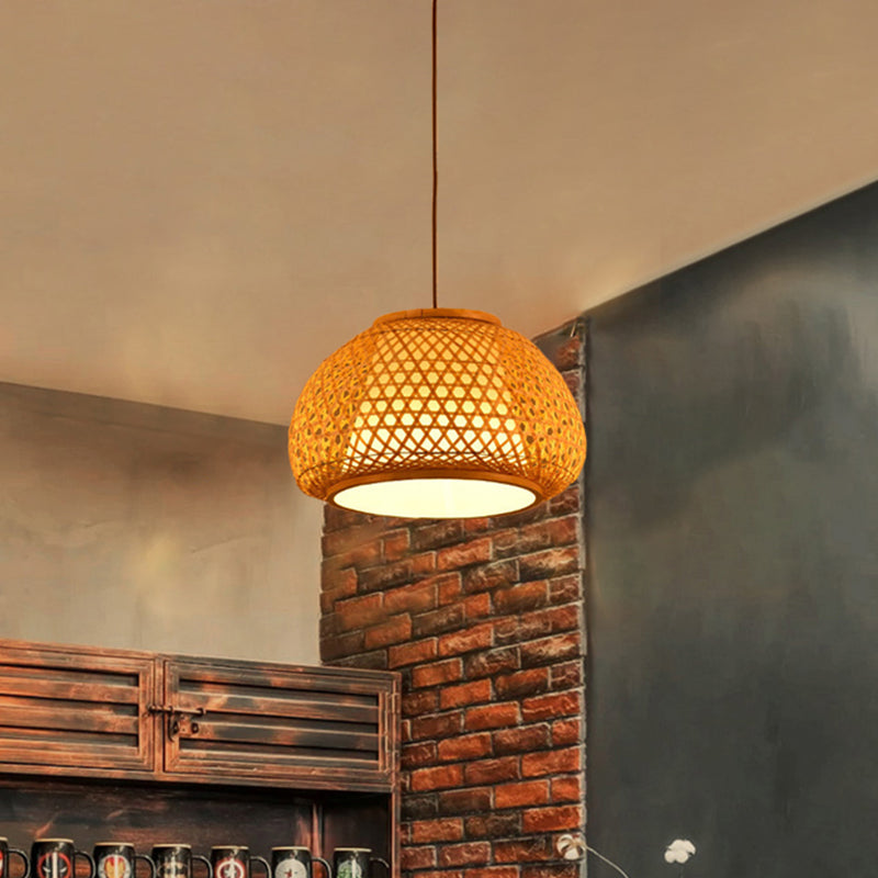 Hand Knitted Bamboo Lantern Drop Light for Restaurant Asian 1 Head Pendant Lamp with Paper Interior Shade