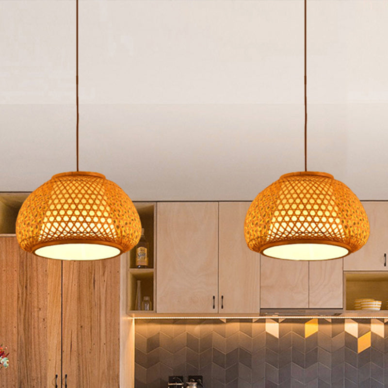 Hand Knitted Bamboo Lantern Drop Light for Restaurant Asian 1 Head Pendant Lamp with Paper Interior Shade