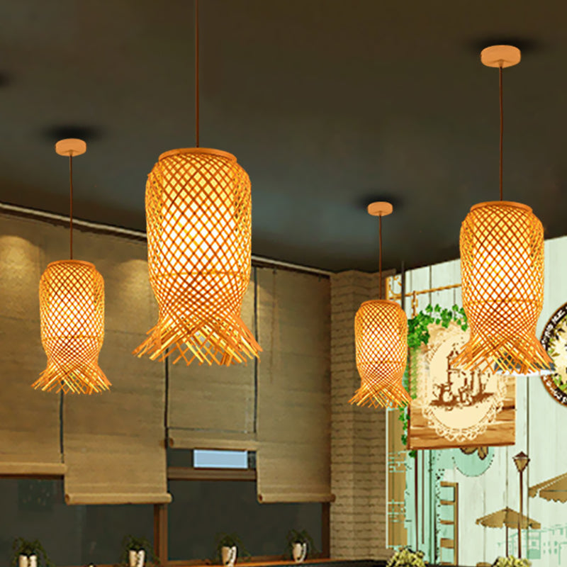 Hand Knitted Bamboo Lantern Drop Light Asian Single Pendant Light in Beige for Restaurant