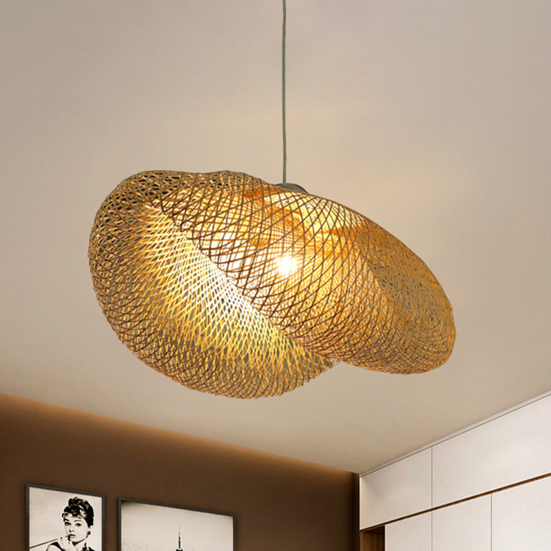 Asian Style Hat Shaped Hanging Pendant Rattan 1 Light Ceiling Hanging Lamp over Dining Table
