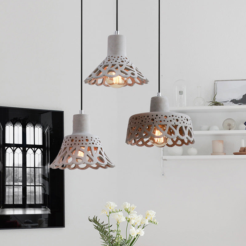 Iluminación colgante grabada en hormigón de estilo nórdico 1 luz colgante de gris claro/blanco/amarillo con tono geométrico/campana/acampanado