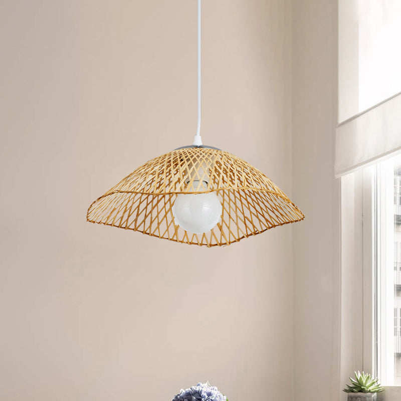 Hand-Knitted Bamboo Pendant Light with Dome Shade Asian Style 1 Head Beige Hanging Lamp for Living Room, 14"/18" W