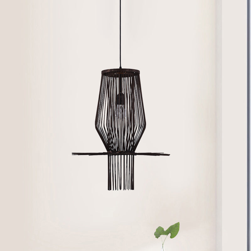 Modern Style Hand-Woven Hanging Lighting Bamboo 1-Bulb Dining Room Pendant Lighting in Black