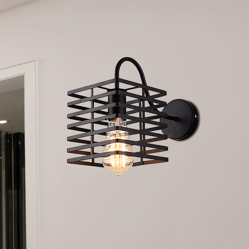 Marco de pared de metal cuadrado iluminación retro industrial 1 lámpara de apliques de sala de estar de bombilla en negro