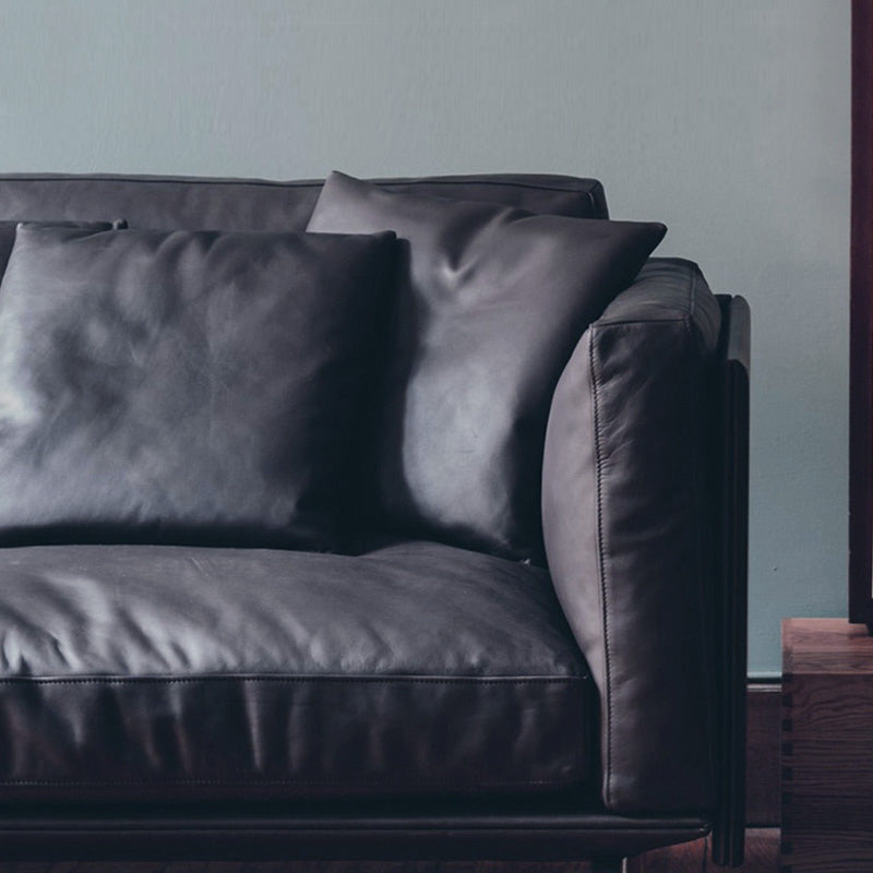 Wooden Genuine Leather Cushions Sofa 31.5"H Contemporary Industrial Square Arm Sofa,Black