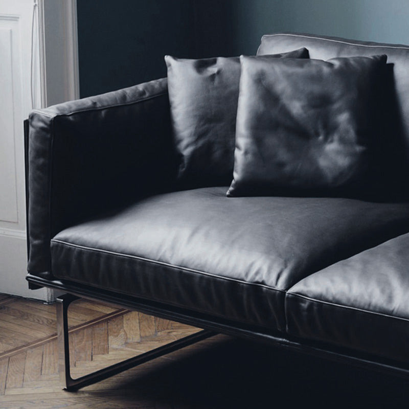 Wooden Genuine Leather Cushions Sofa 31.5"H Contemporary Industrial Square Arm Sofa,Black