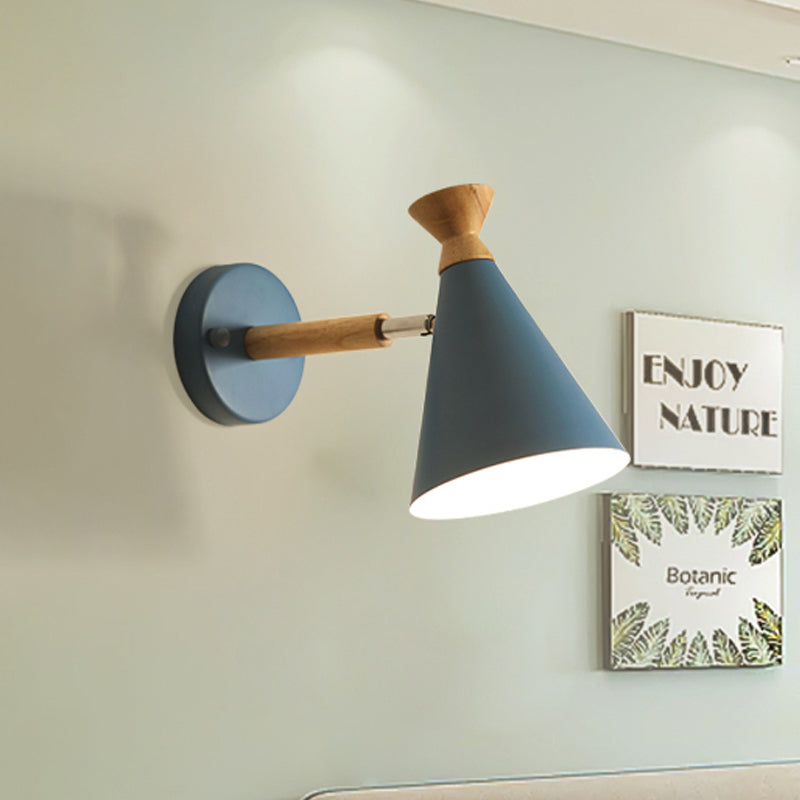 Metal Cone Shade Wall Light Nordic Style Rotatable 1 Light Bedside Reading Light in Blue/Green/Grey/White