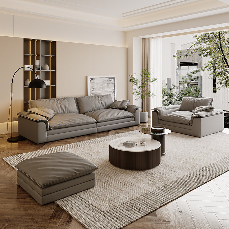 Grey Contemporary Faux Leather Pillow Top Arm Sofa with Loose Back for Living Room