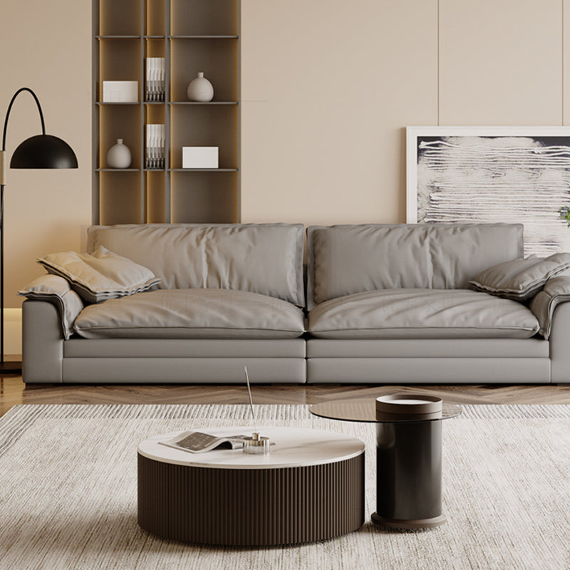 Grey Contemporary Faux Leather Pillow Top Arm Sofa with Loose Back for Living Room
