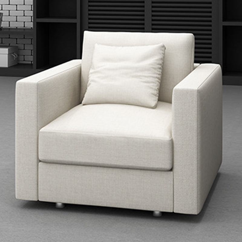 White Slipcovered Fabric Settee Recessed Arm Sofa with Pillows