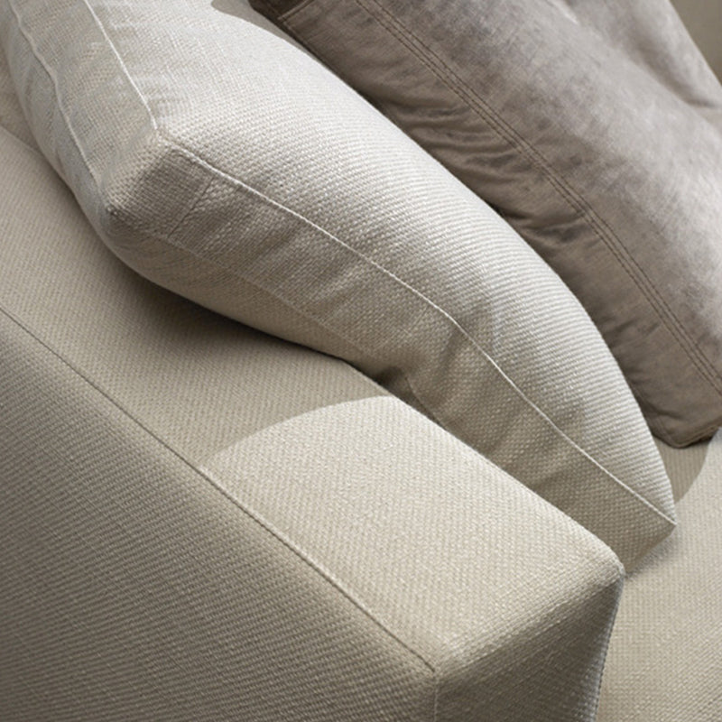 White Slipcovered Fabric Settee Recessed Arm Sofa with Pillows