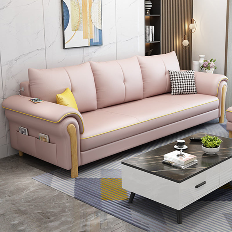 Leather Sofa with Bolster Pillows Single Cushion Seat Square Arm Sofa for Living Room