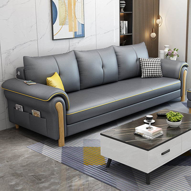 Leather Sofa with Bolster Pillows Single Cushion Seat Square Arm Sofa for Living Room