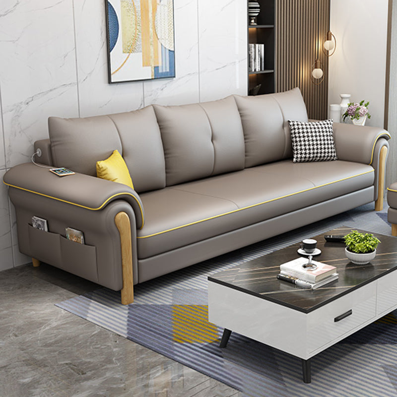 Leather Sofa with Bolster Pillows Single Cushion Seat Square Arm Sofa for Living Room