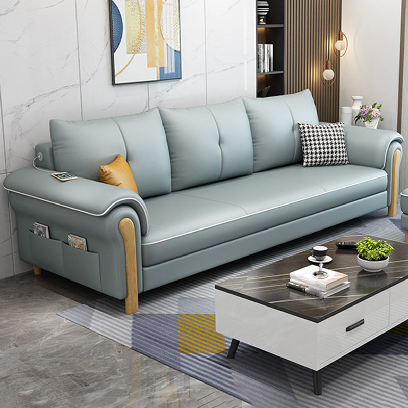 Leather Sofa with Bolster Pillows Single Cushion Seat Square Arm Sofa for Living Room