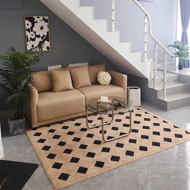 Brown Check Pattern Rug Polyester Modern Rug Washable Rug for Living Room
