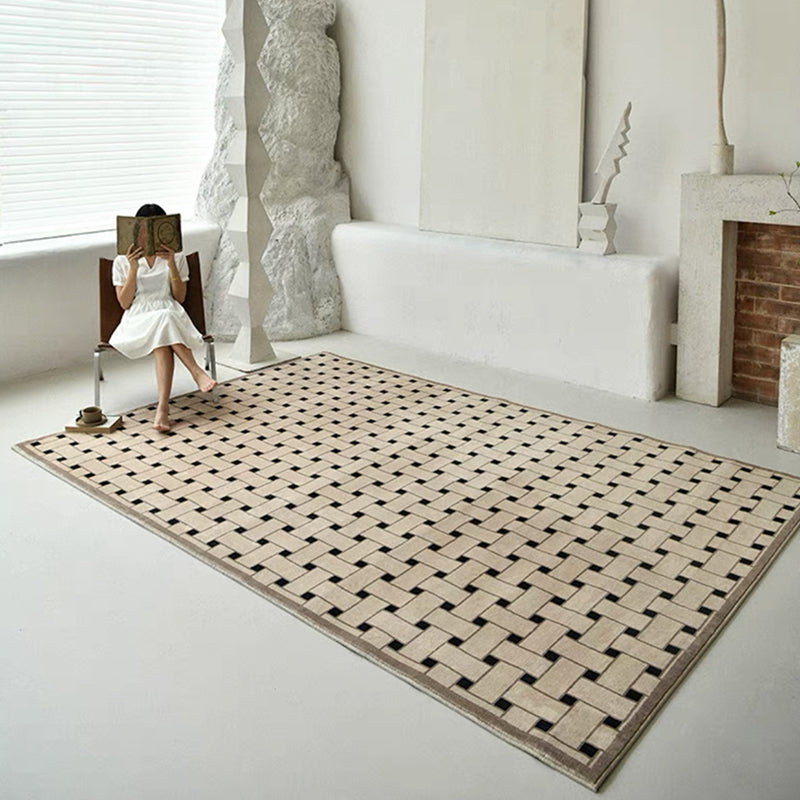 Brown Check Pattern Rug Polyester Modern Rug Washable Rug for Living Room