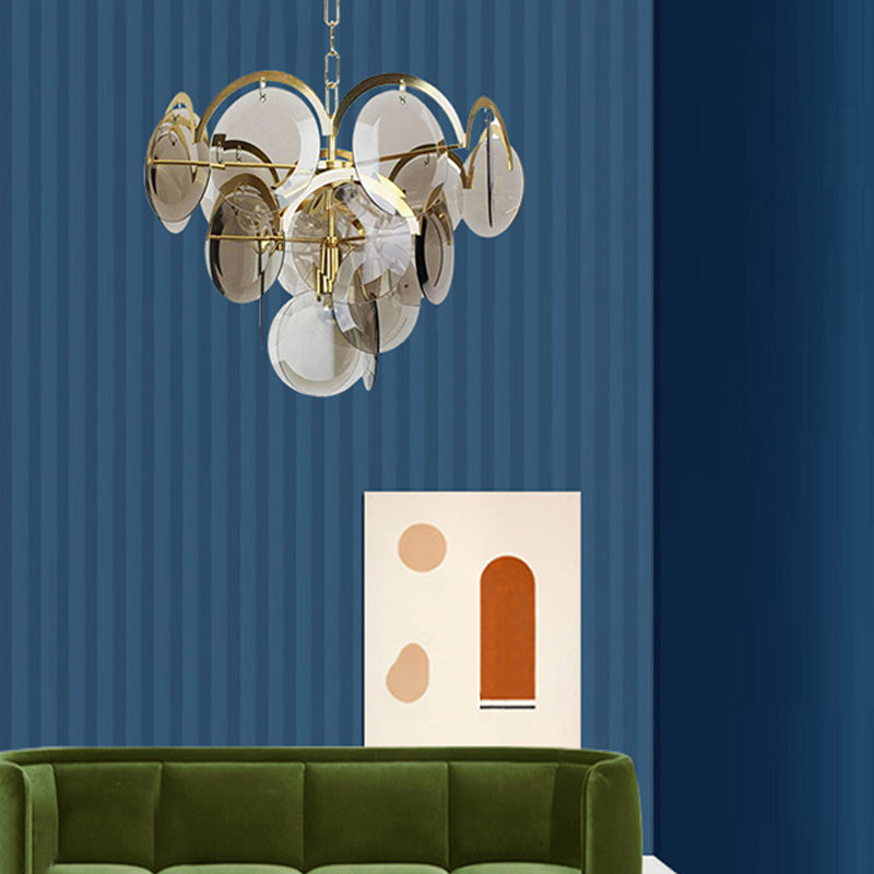 Modern Style Chandelier Light Fixture Round Shape Glass Hanging Light in Smoky Gray