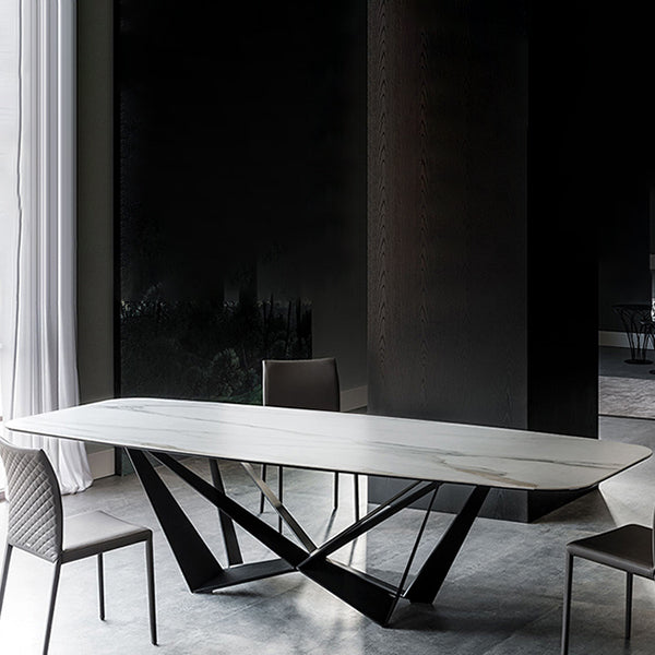 Industrial Sintered Stone Table for Restaurant Rectangle Dining Table with Black Pedestal