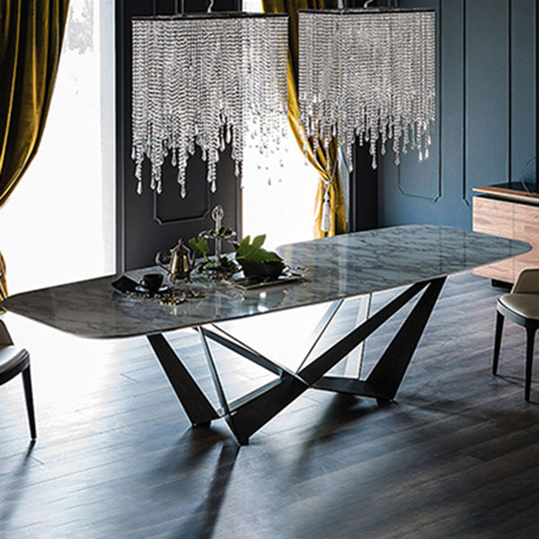 Industrial Sintered Stone Table for Restaurant Rectangle Dining Table with Black Pedestal
