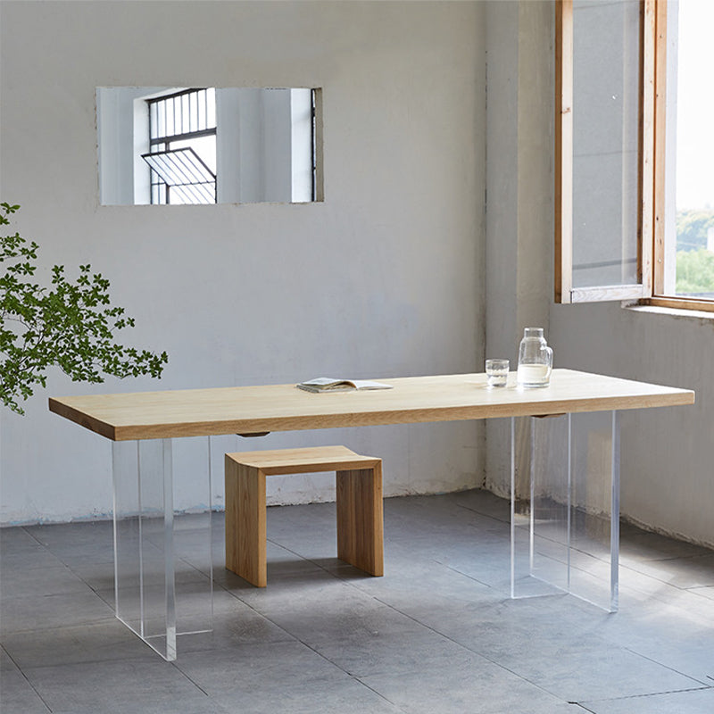 Pine Wood Top Dining Table Contemporary Rectangle Dining Table with Double Pedestal Base