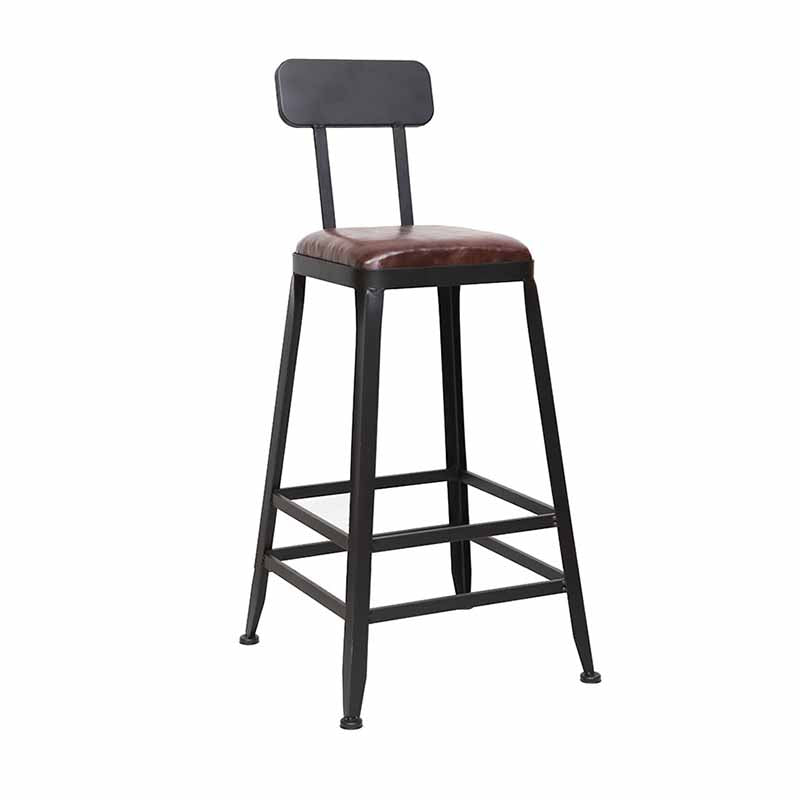 Wooden Square Seat Barstool Industrial Metal Counter Stool with Backrest
