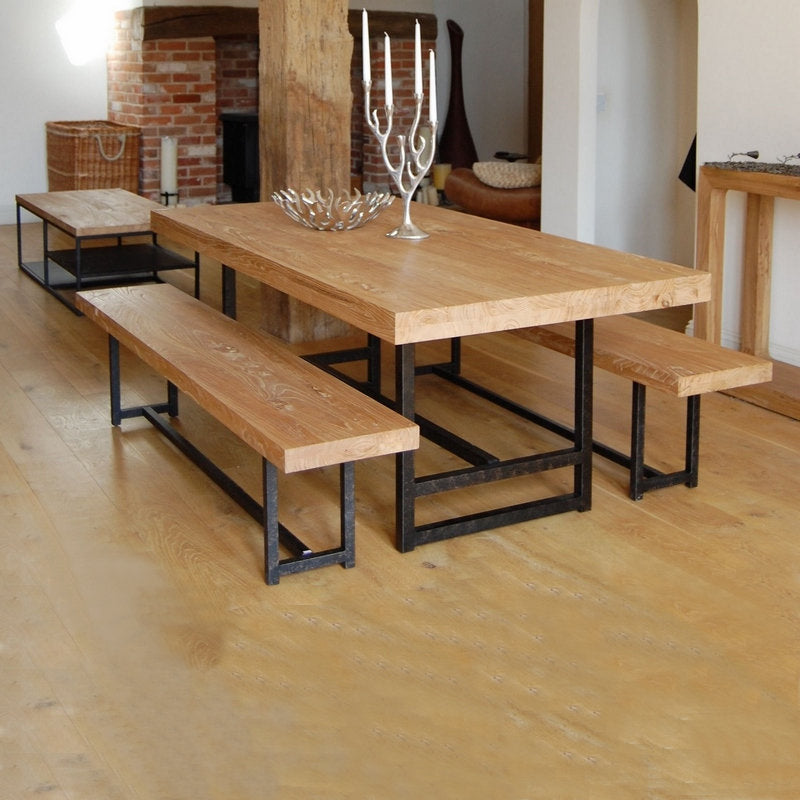 Mesa de comedor industrial rectangular de metal, mesa superior de madera maciza de pino con base de caballete