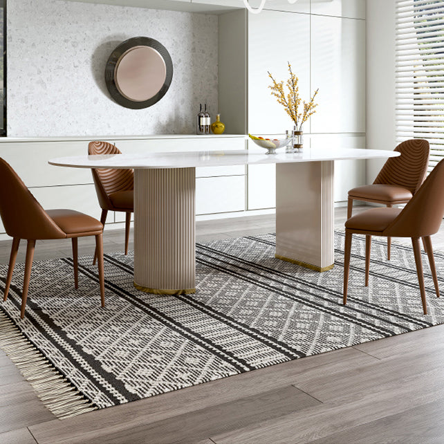 Luxury White Tone Dining Table Sintered Stone Table with Double Pedestal