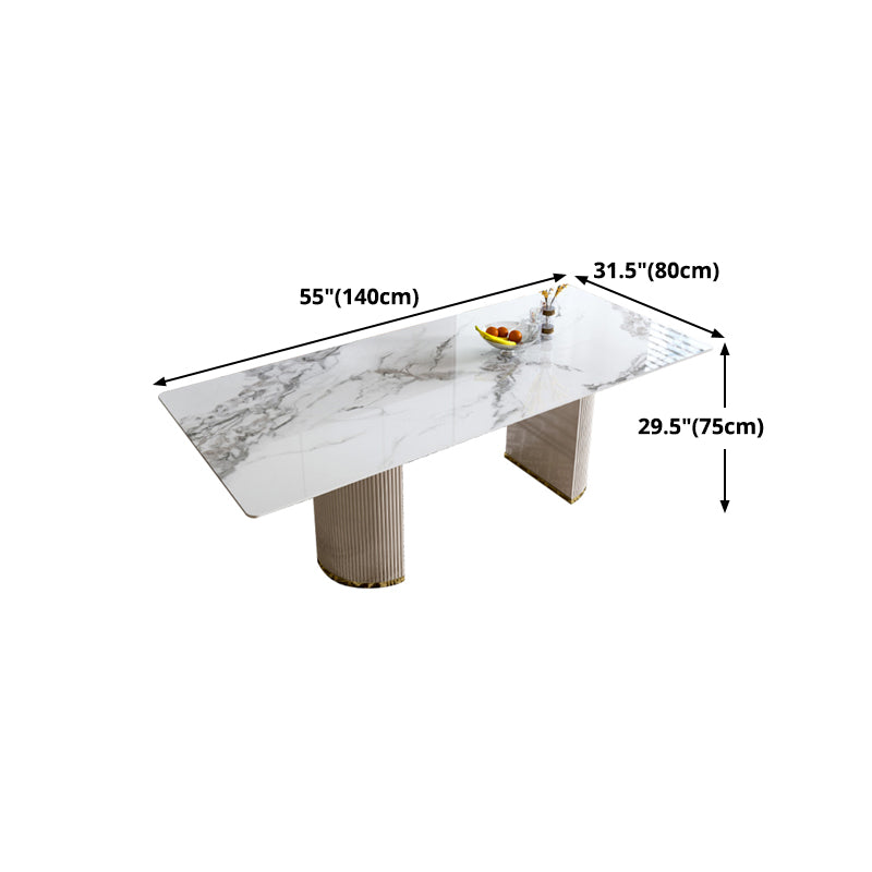 Luxury White Tone Dining Table Sintered Stone Table with Double Pedestal