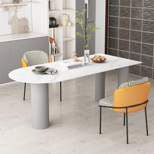 Mesa de comedor con tapa de piedra sinterizada de forma libre, mesa moderna con base de metal