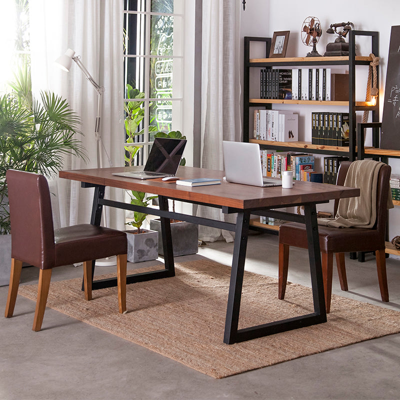Industrial Pine Wood Table for Restaurant Rectangle Table with Metal Double Pedestal