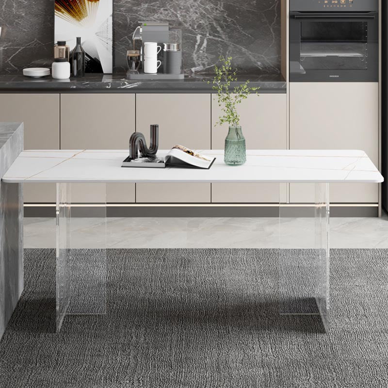 Mesa de comedor con tapa de piedra, mesa de comedor rectangular contemporánea con base de pedestal doble