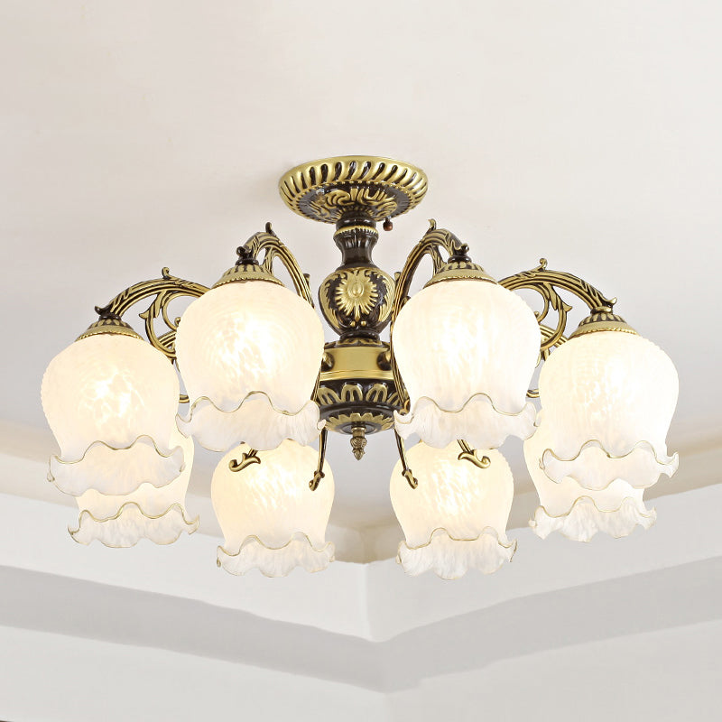 Lámpara semi rascilla de múltiples cabezas iluminación de techo de dormitorio tradicional con sombra de vidrio de flores