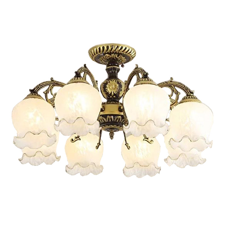Lámpara semi rascilla de múltiples cabezas iluminación de techo de dormitorio tradicional con sombra de vidrio de flores