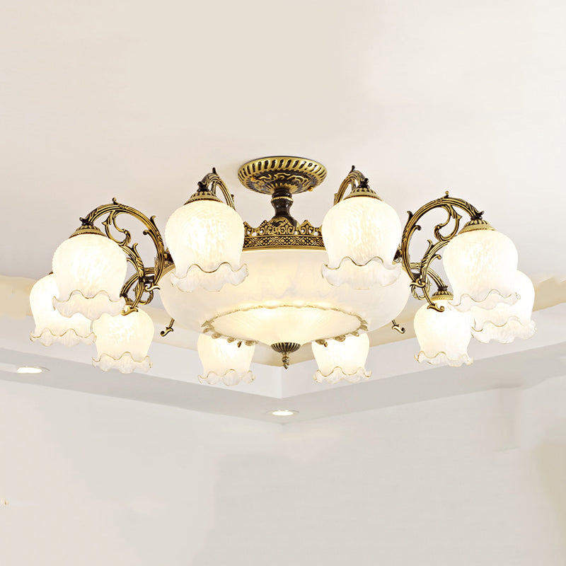 Lámpara semi rascilla de múltiples cabezas iluminación de techo de dormitorio tradicional con sombra de vidrio de flores