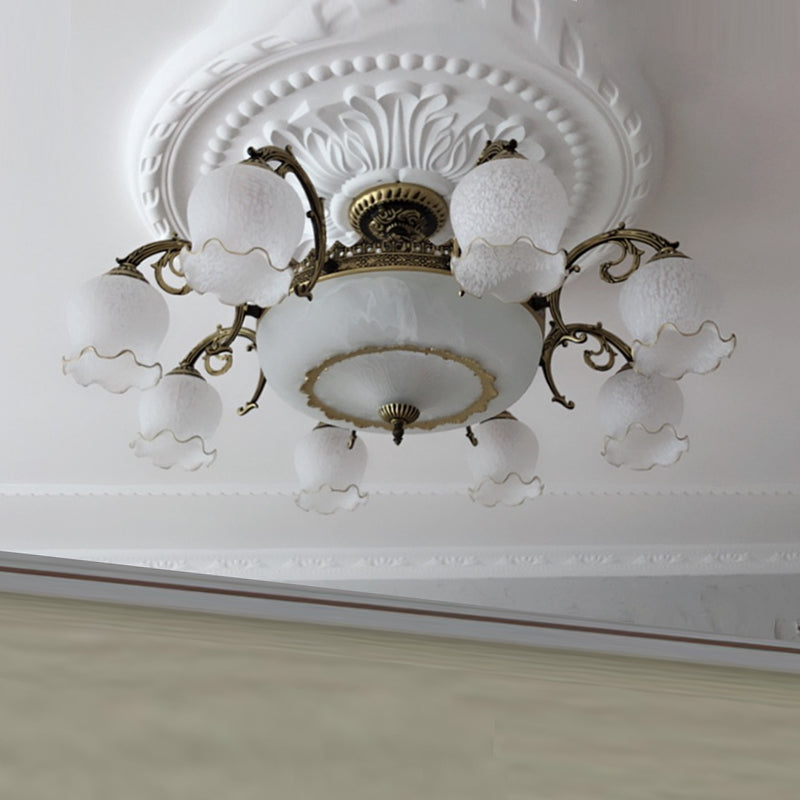 Lámpara semi rascilla de múltiples cabezas iluminación de techo de dormitorio tradicional con sombra de vidrio de flores