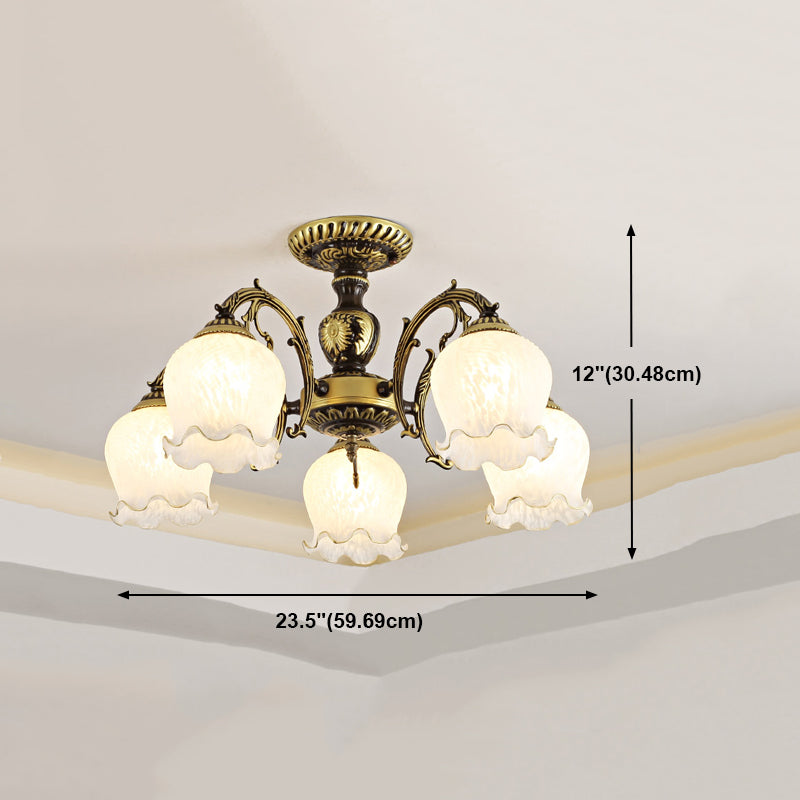 Lámpara semi rascilla de múltiples cabezas iluminación de techo de dormitorio tradicional con sombra de vidrio de flores