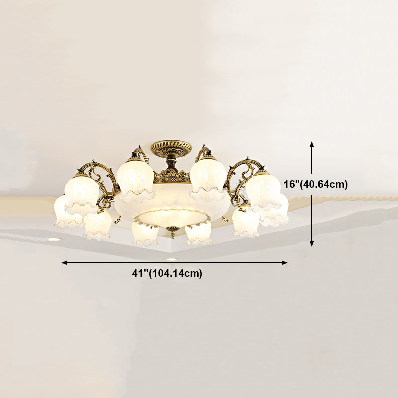 Lámpara semi rascilla de múltiples cabezas iluminación de techo de dormitorio tradicional con sombra de vidrio de flores