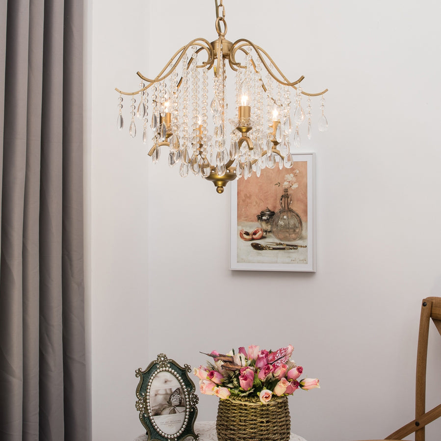 Retro Candlestick Chandelier 6 Heads Iron Hanging Lamp in Gold with Crystal Decoration