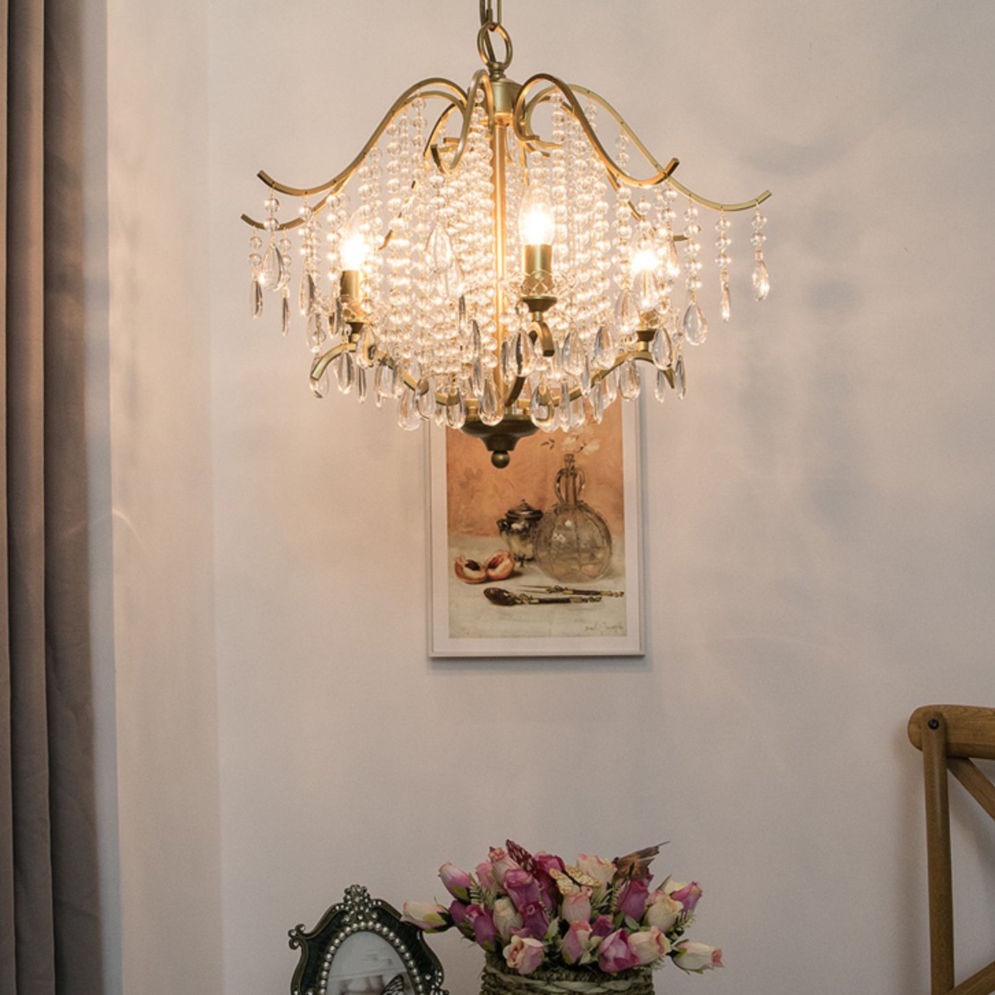 Retro Candlestick Chandelier 6 Heads Iron Hanging Lamp in Gold with Crystal Decoration