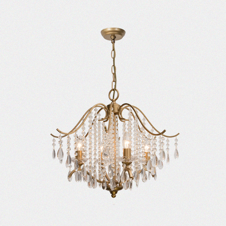 Retro Candlestick Chandelier 6 Heads Iron Hanging Lamp in Gold with Crystal Decoration
