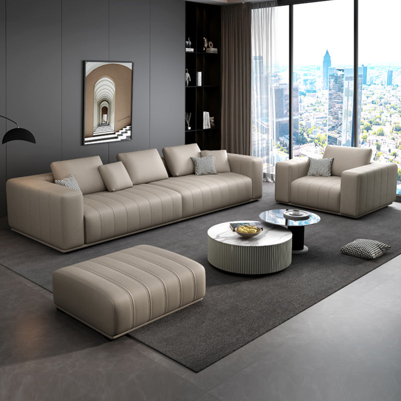 Modern Faux Leather Tuxedo Arm Standard Sofa with Bolster Pillows for Living Room
