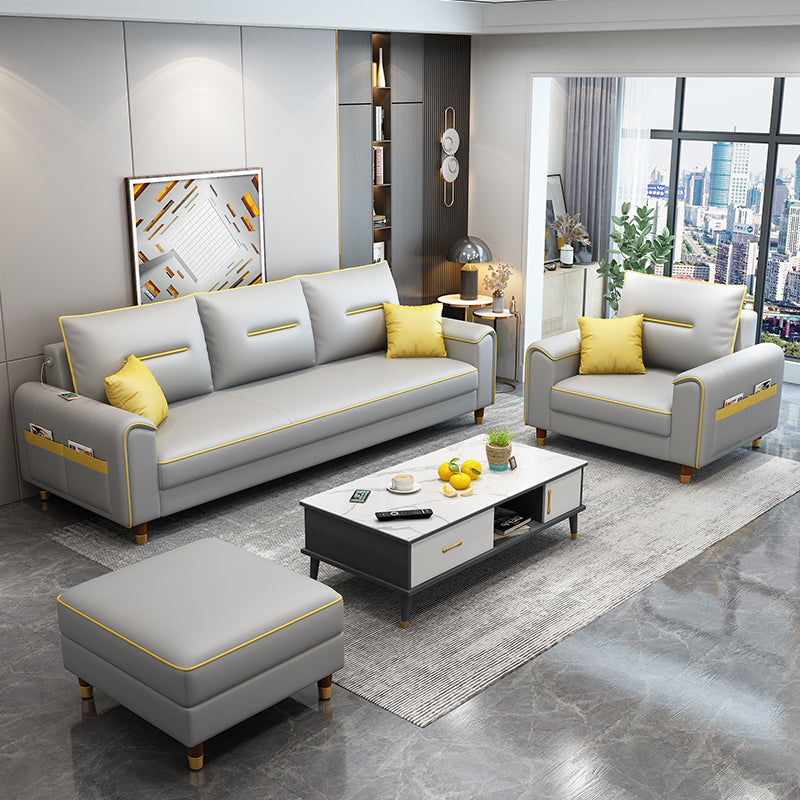 Nordic Leather Sofa with Bolster Pillows Single Cushion Seat Square Arm for Living Room