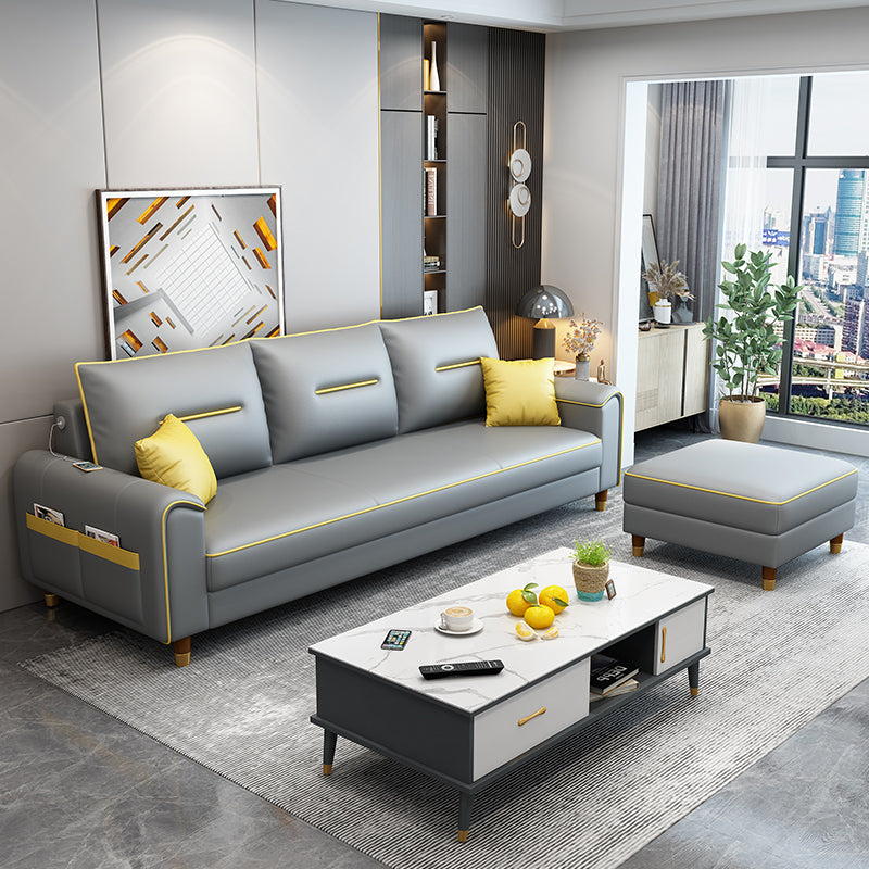 Nordic Leather Sofa with Bolster Pillows Single Cushion Seat Square Arm for Living Room