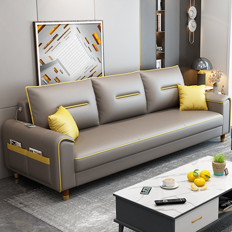 Nordic Leather Sofa with Bolster Pillows Single Cushion Seat Square Arm for Living Room