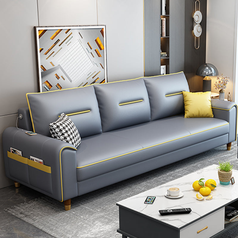 Nordic Leather Sofa with Bolster Pillows Single Cushion Seat Square Arm for Living Room