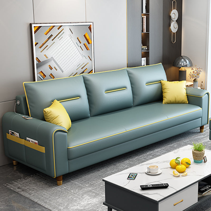 Nordic Leather Sofa with Bolster Pillows Single Cushion Seat Square Arm for Living Room