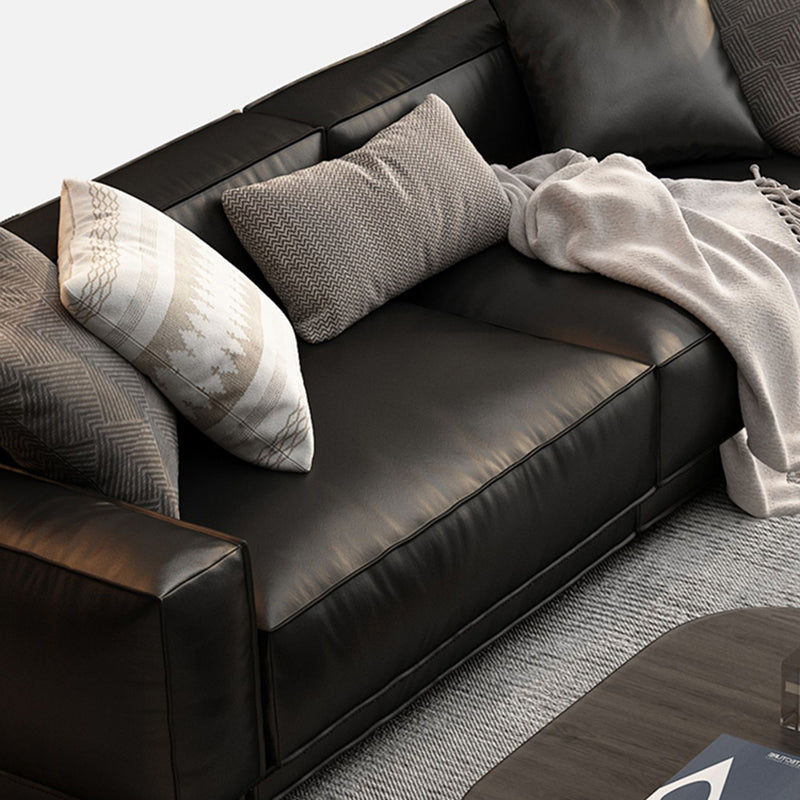 26.38" H Genuine Leather Square Arm Modern Sofa with Storage Black Standard Sofa